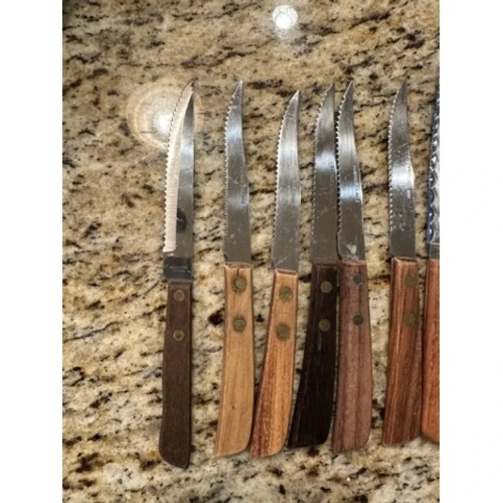 8 pc Vintage Stainless Steel Steak, Cheese, Grapefruit Knives Wood Handles Japan